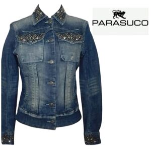 PARASUCO Vintage Embellished Denim Jacket Rhinestones Studded Distressed Small